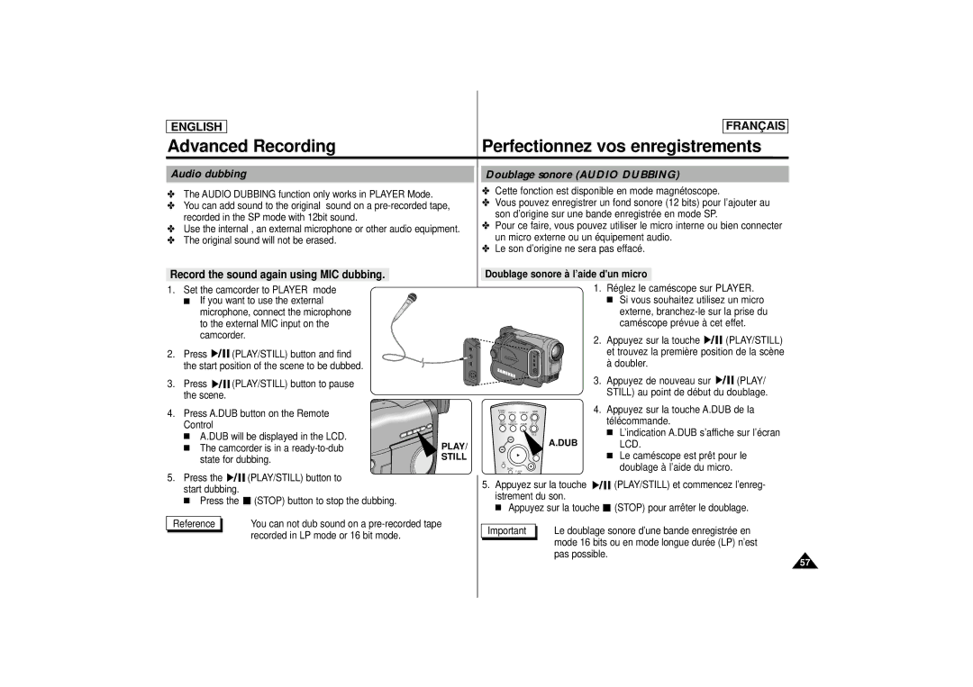 Samsung AD68-00400C manual Audio dubbing Doublage sonore Audio Dubbing, Record the sound again using MIC dubbing 