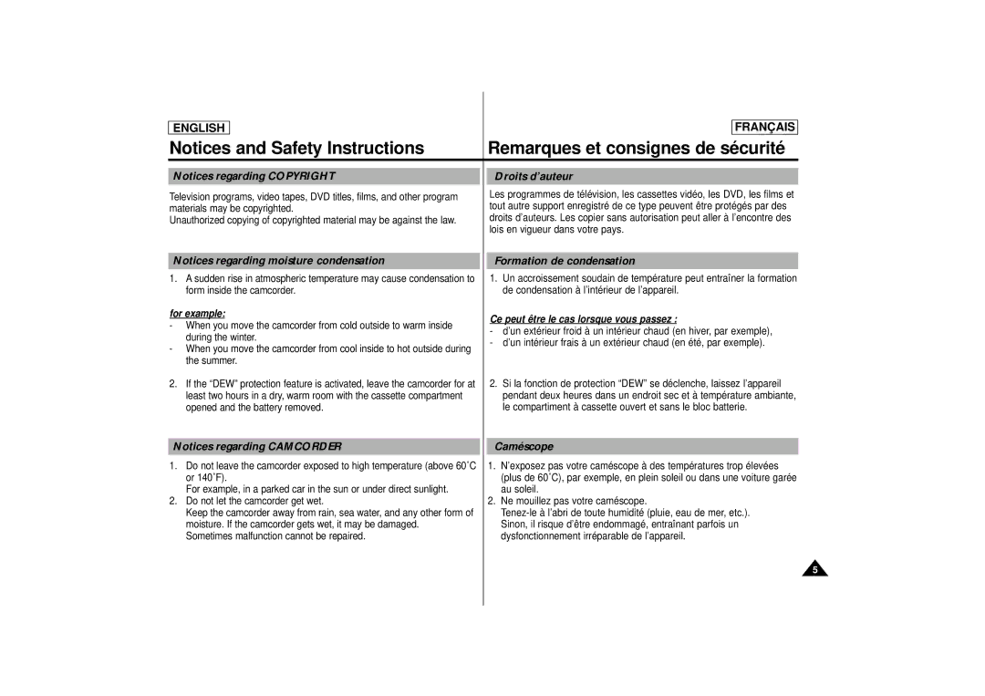 Samsung AD68-00400C manual Droits d’auteur, Formation de condensation, Caméscope 