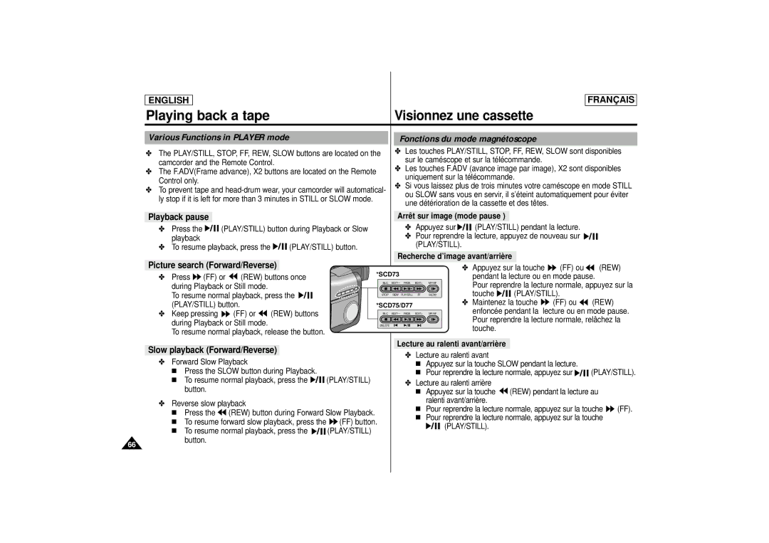 Samsung AD68-00400C manual Playing back a tape Visionnez une cassette, Playback pause, Picture search Forward/Reverse 