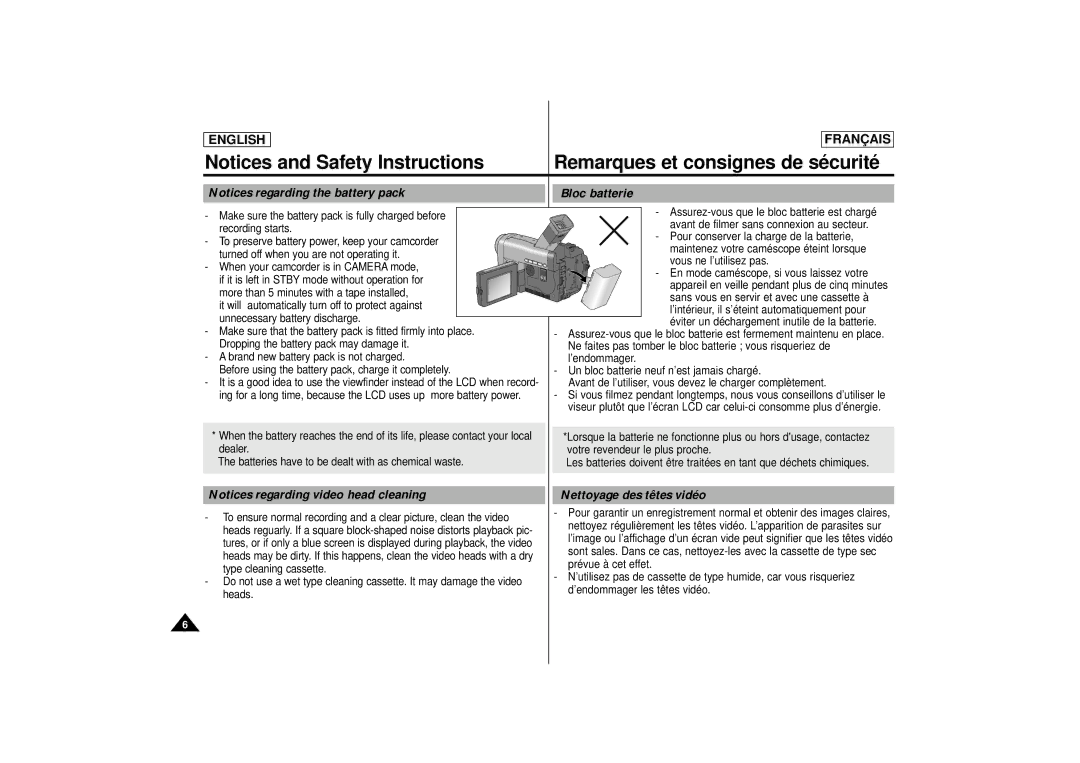 Samsung AD68-00400C manual Bloc batterie, Nettoyage des têtes vidéo 