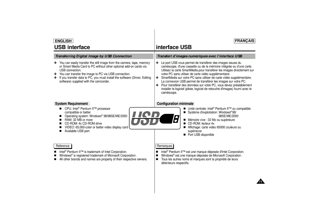 Samsung AD68-00400C manual USB interface Interface USB, System Requirement Configuration minimale 