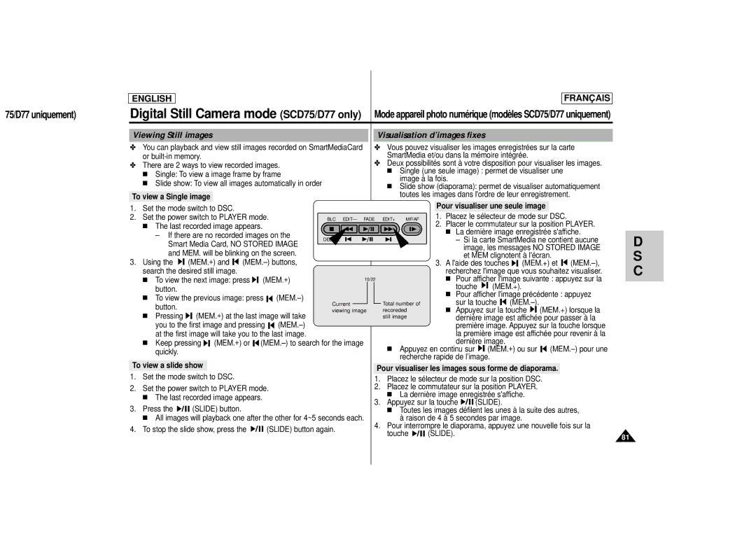 Samsung AD68-00400C manual Mode appareil photo numérique modèles SCD75/D77 uniquement, Dsc, Slide 