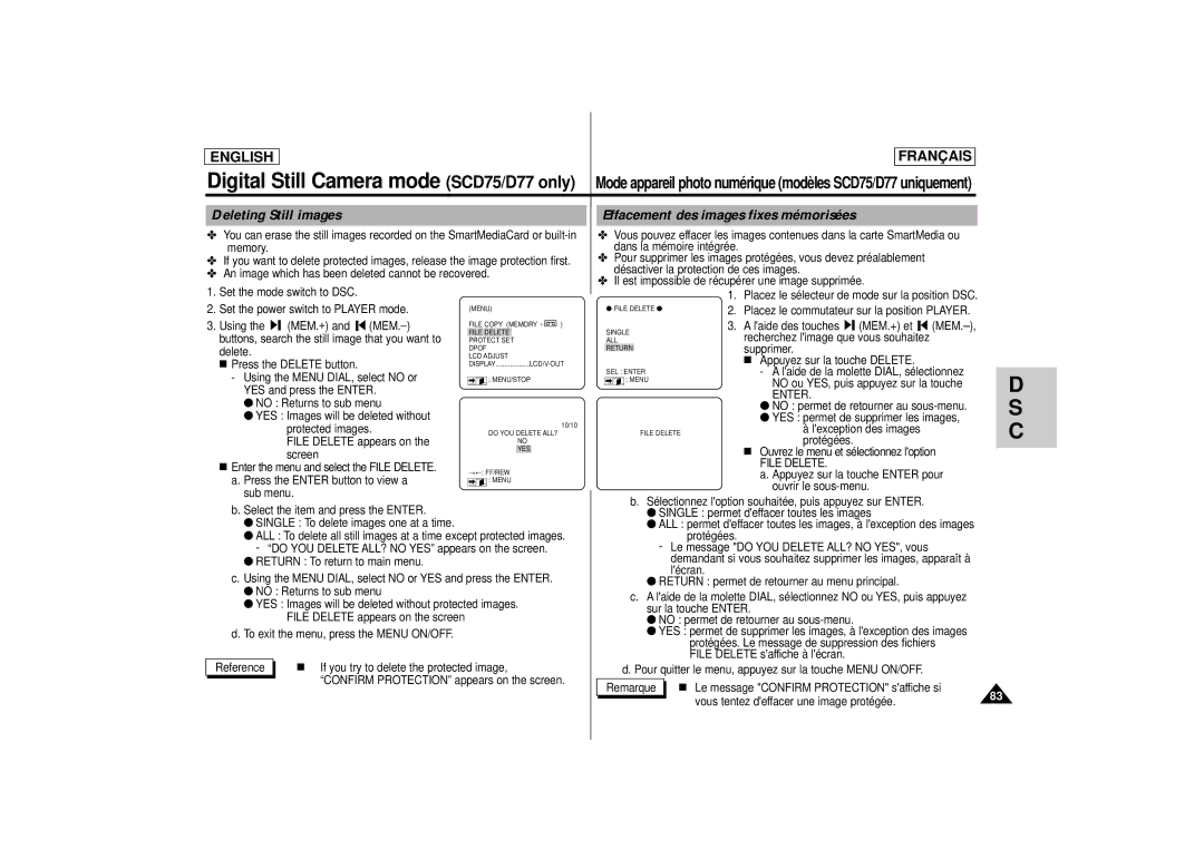 Samsung AD68-00400C manual Deleting Still images Effacement des images fixes mémorisées 