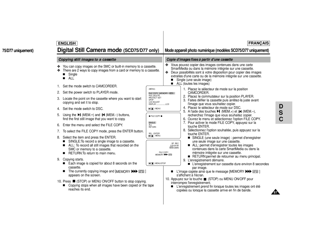 Samsung AD68-00400C manual Copying still images to a cassette, Copie dimages fixes à partir dune cassette, All 