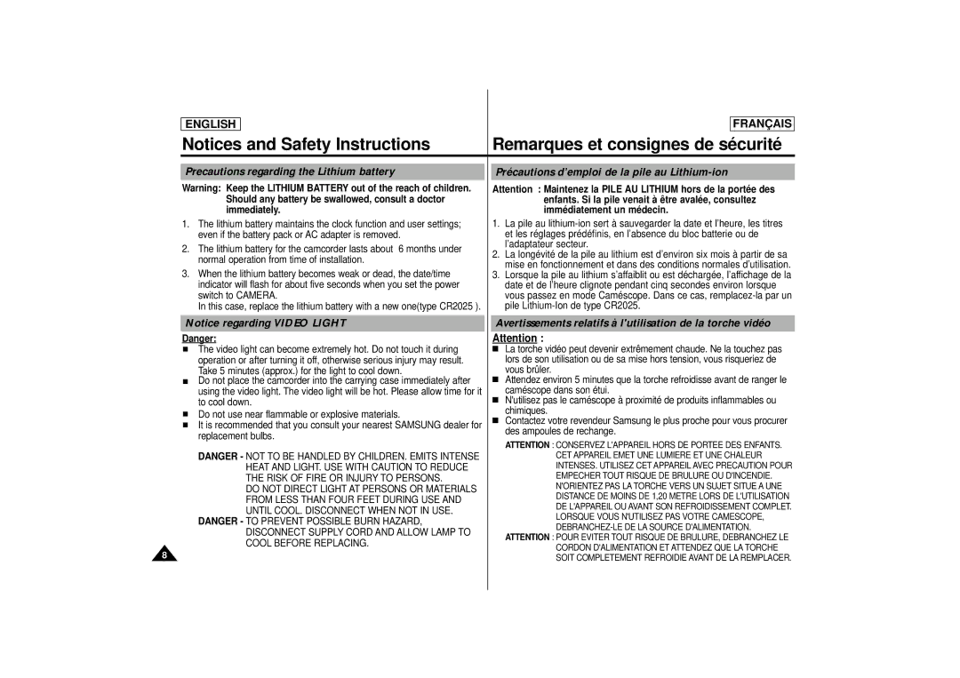 Samsung AD68-00400C manual Avertissements relatifs à lutilisation de la torche vidéo 