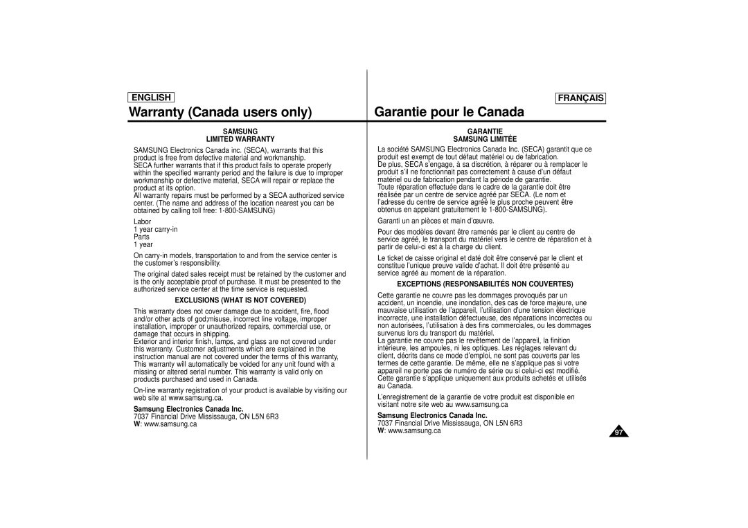 Samsung AD68-00400C manual Warranty Canada users only Garantie pour le Canada, Samsung Garantie Limited Warranty 