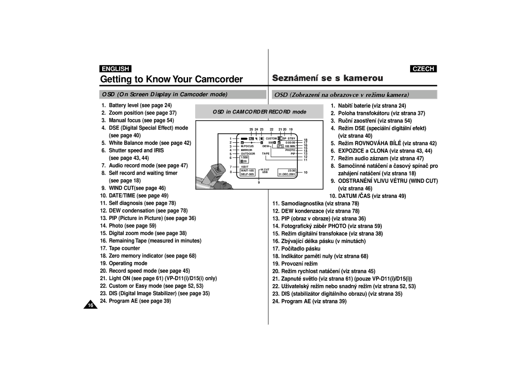 Samsung AD68-00542G manual OSD On Screen Display in Camcoder mode 