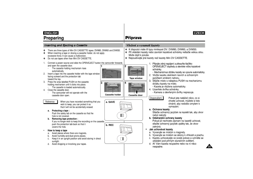 Samsung AD68-00542G manual Inserting and Ejecting a Cassette, Vlo ìen’ a vysunut’ kazety, Save, Rec 