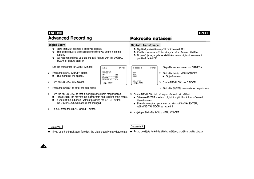 Samsung AD68-00542G manual Digital Zoom, Digit‡ln’ transfokace 