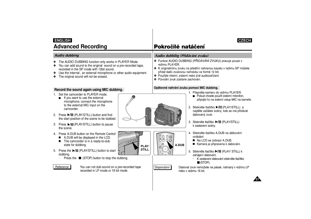 Samsung AD68-00542G manual Audio dubbibg PÞid‡v‡n’ zvuku, Record the sound again using MIC dubbing 