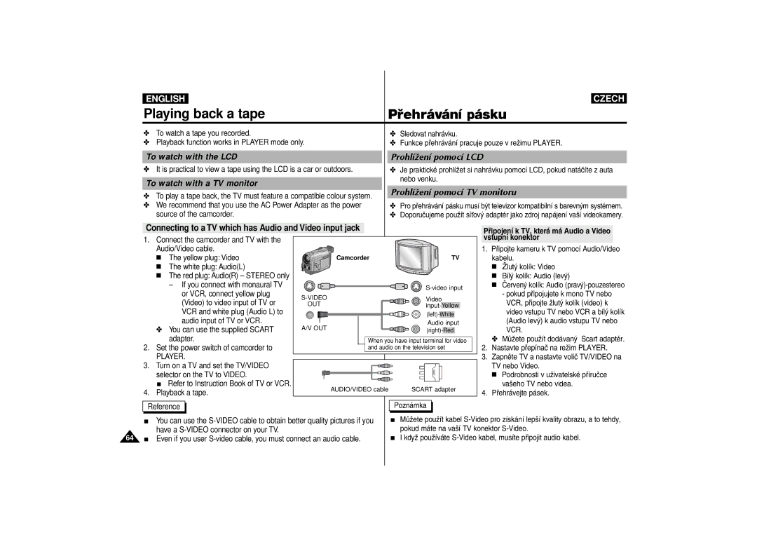 Samsung AD68-00542G manual Playing back a tape, To watch with the LCD, Prohl’ìen’ pomoc’ LCD, To watch with a TV monitor 