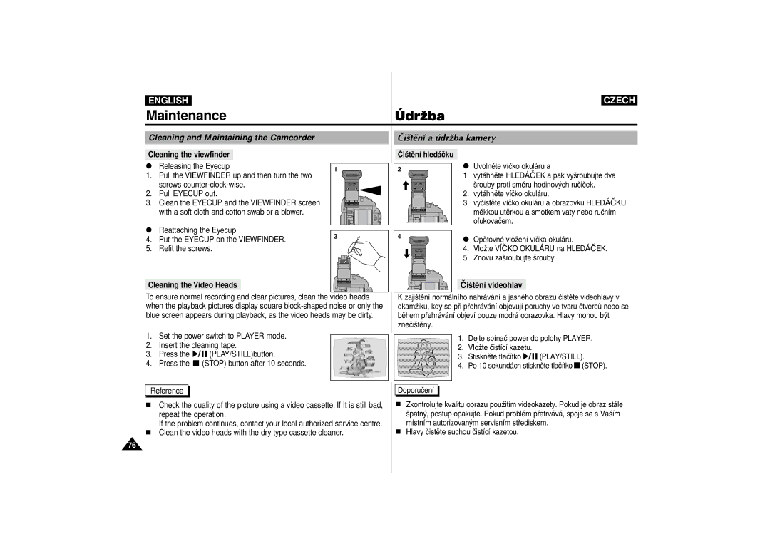 Samsung AD68-00542G manual Cleaning the viewfinder, Cleaning the Video Heads, ‰iätžn’ videohlav 