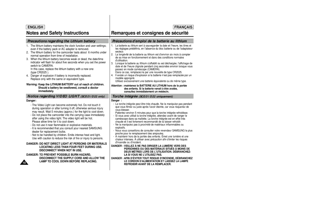 Samsung AD68-00658B manual Precautions regarding the Lithium battery, Précautions d’emploi de la batterie au lithium 