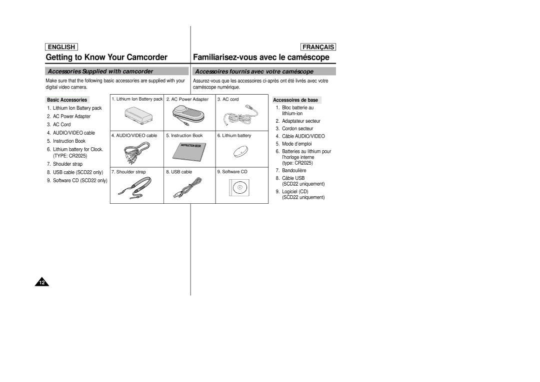 Samsung AD68-00658B manual Digital video camera Caméscope numérique, Basic Accessories, Shoulder strap USB cable SCD22 only 