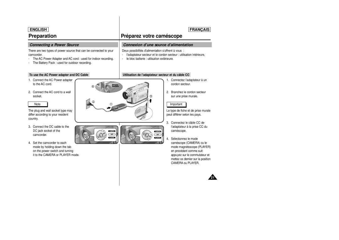 Samsung AD68-00658B manual Pré parez votre camé scope, Connecting a Power Source, Connexion d’une source d’alimentation 