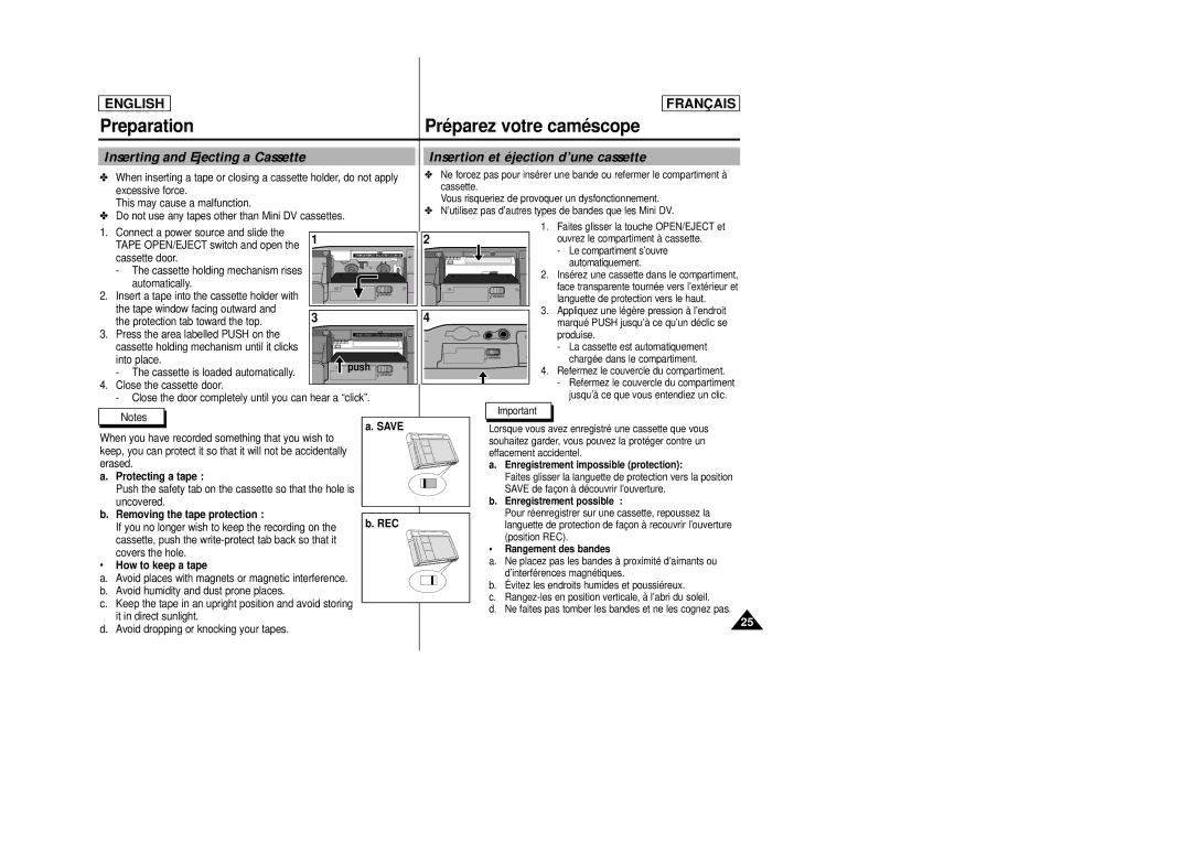 Samsung AD68-00658B manual Inserting and Ejecting a Cassette, Insertion et éjection d’une cassette 