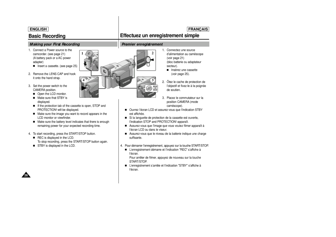 Samsung AD68-00658B manual Basic Recording, Effectuez un enregistrement simple, Making your First Recording, Start/Stop 