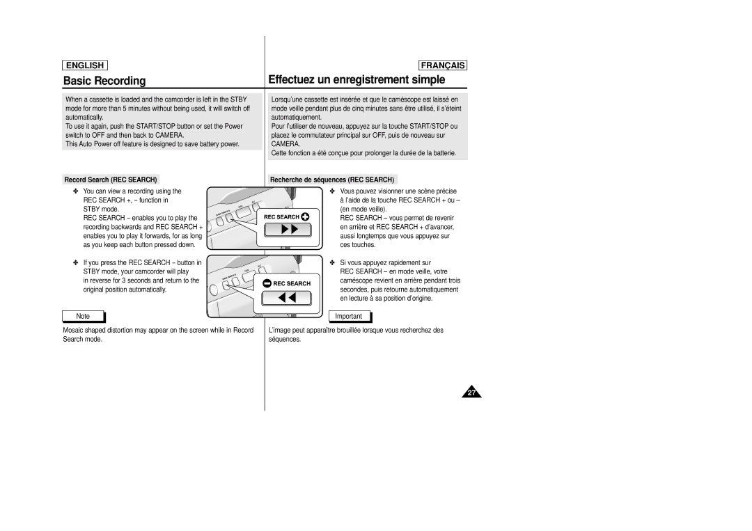 Samsung AD68-00658B manual Camera, Record Search REC Search, Recherche de séquences REC Search 