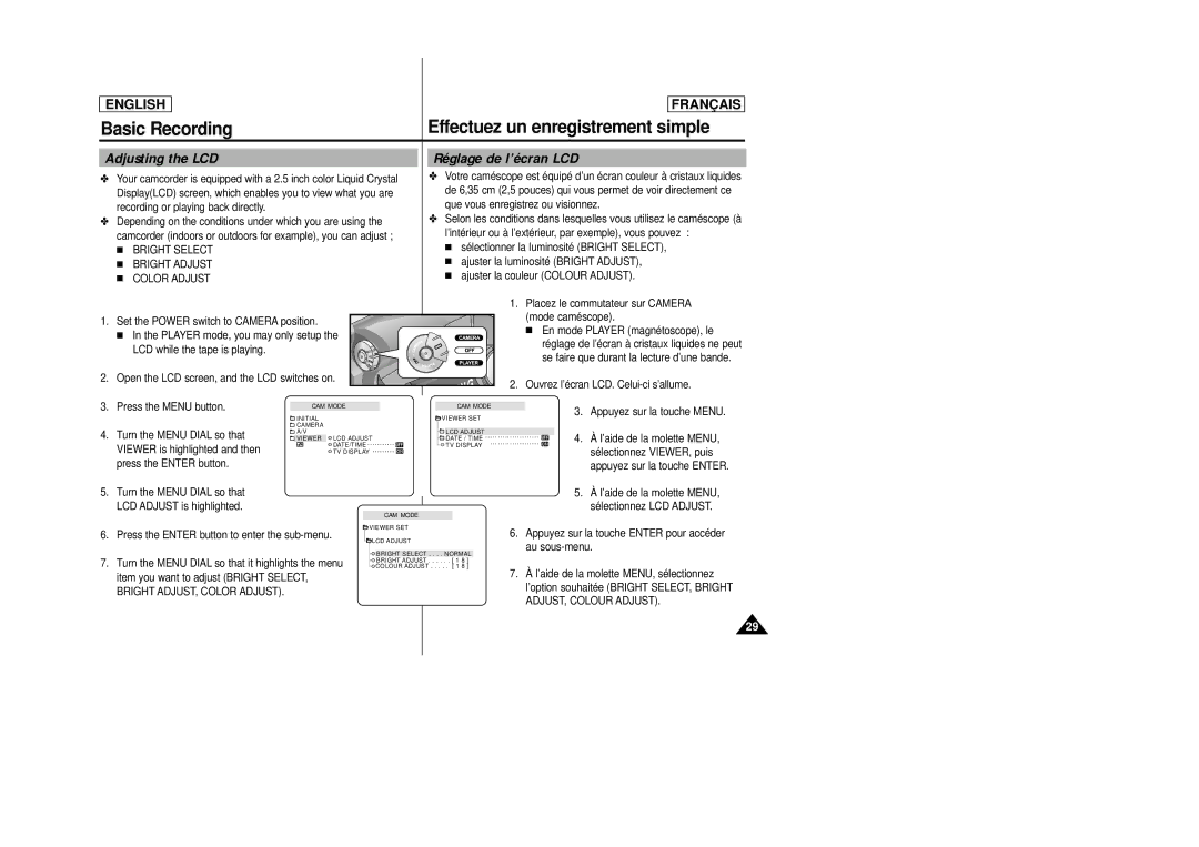 Samsung AD68-00658B manual Basic Recording Effectuez un enregistrement simple, Adjusting the LCD Réglage de l’écran LCD 