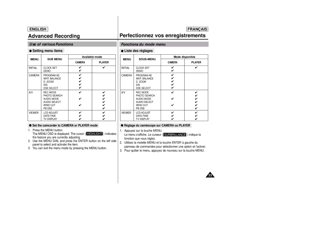 Samsung AD68-00658B manual Use of various Functions, Fonctions du mode menu, Set the camcorder to Camera or Player mode 