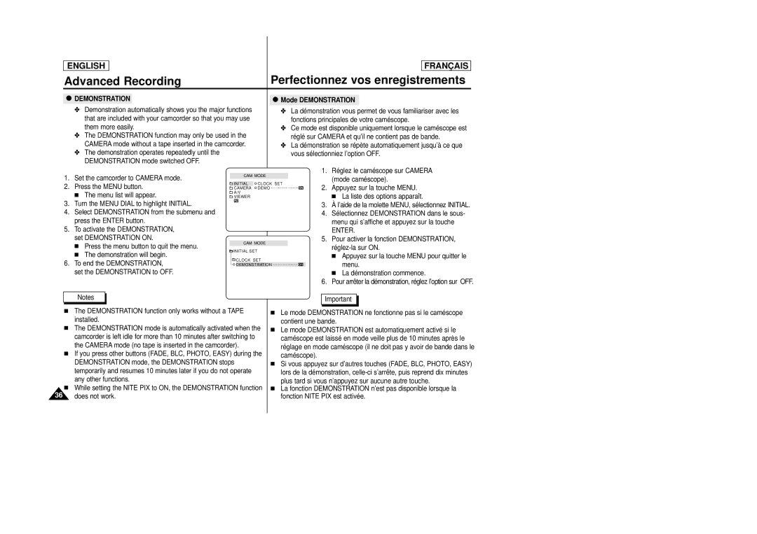 Samsung AD68-00658B manual Mode Demonstration, Enter, Demonstration function only works without a Tape installed 