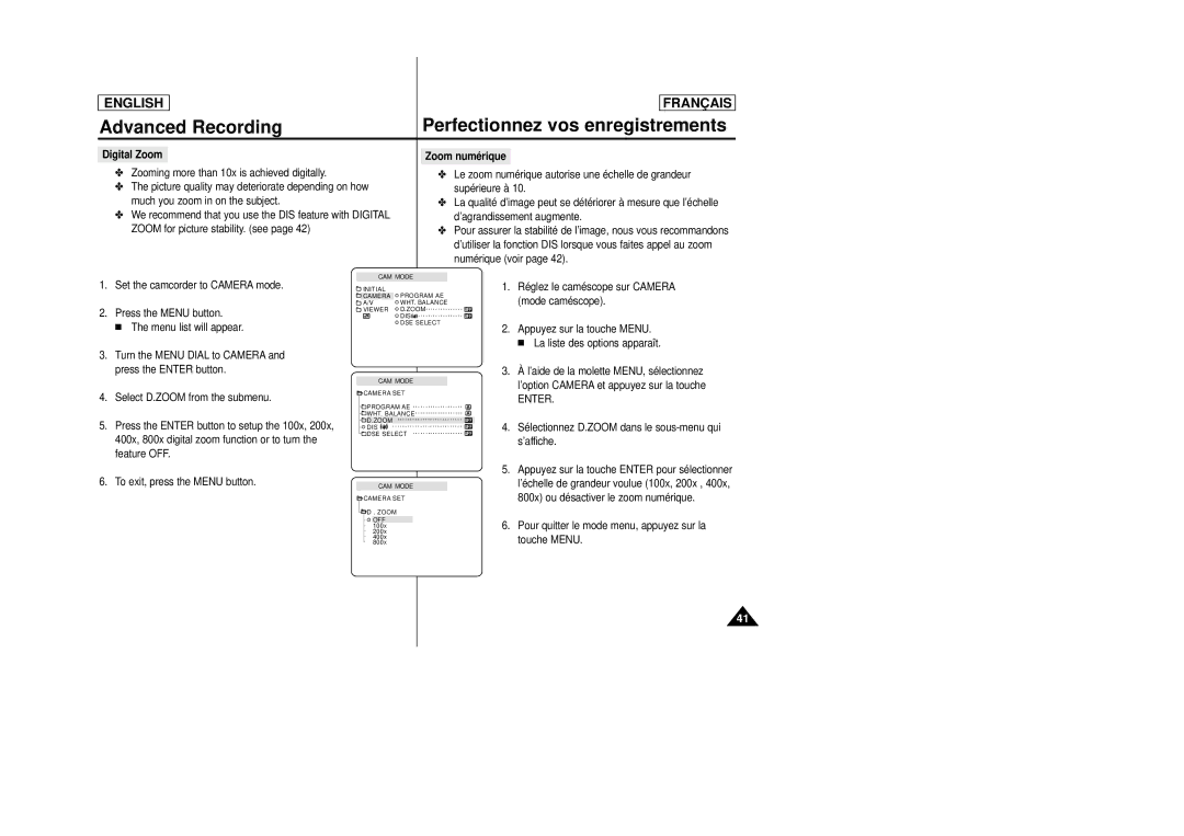 Samsung AD68-00658B manual Digital Zoom, Zoom numérique, Réglez le caméscope sur Camera mode caméscope 