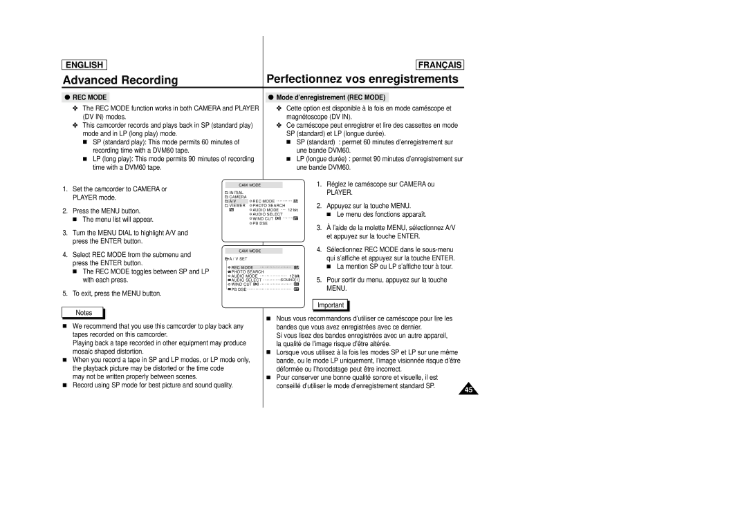 Samsung AD68-00658B manual Mode d’enregistrement REC Mode, Player 