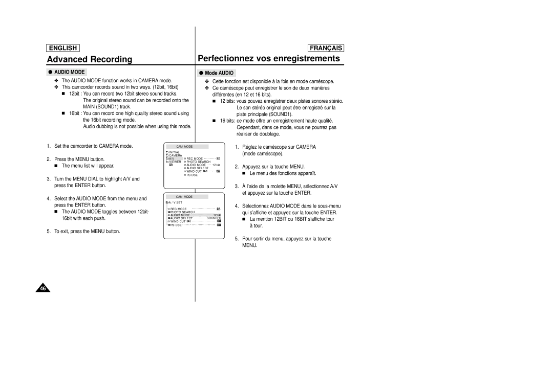 Samsung AD68-00658B manual Audio Mode, Mode Audio, Tour Pour sortir du menu, appuyez sur la touche Menu 