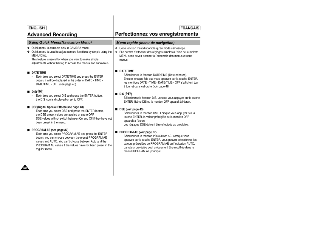 Samsung AD68-00658B manual Using Quick MenuNavigation Menu, Menu rapide menu de navigation 