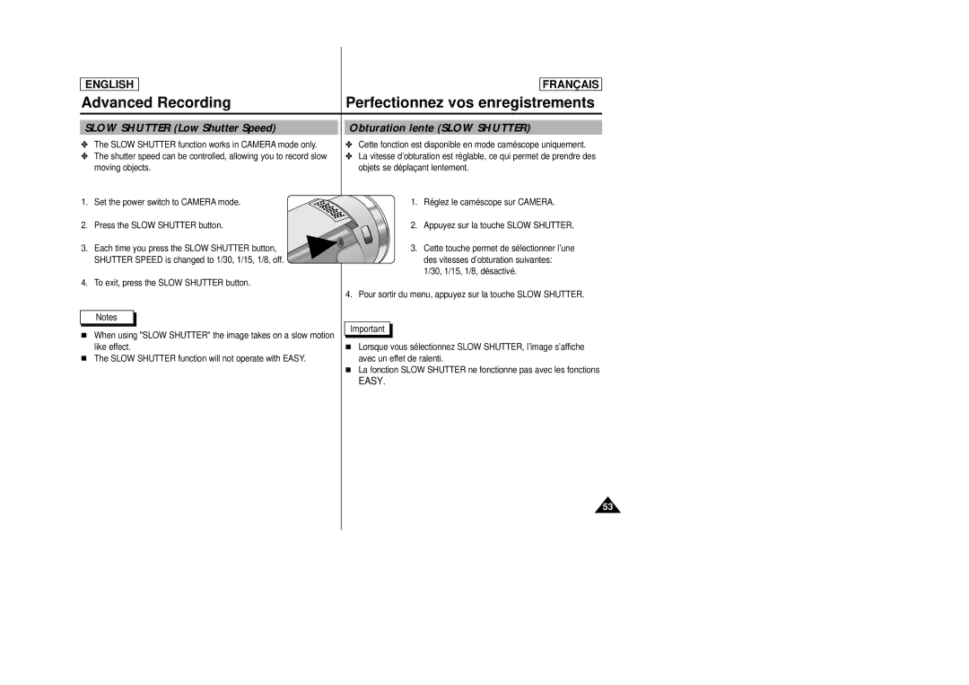 Samsung AD68-00658B manual Slow Shutter Low Shutter Speed, Obturation lente Slow Shutter 