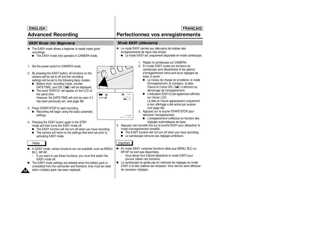 Samsung AD68-00658B manual Easy Mode for Beginners, Mode Easy débutants 