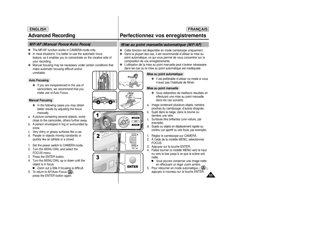 Samsung AD68-00658B manual Advanced Recording, MF/AF Manual Focus/Auto Focus, Mise au point manuelle/automatique MF/AF 