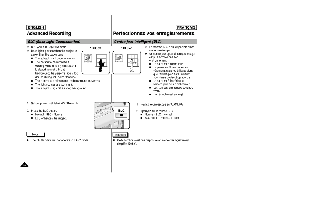 Samsung AD68-00658B manual BLC Back Light Compensation, Contre-jour intelligent BLC, BLC on 