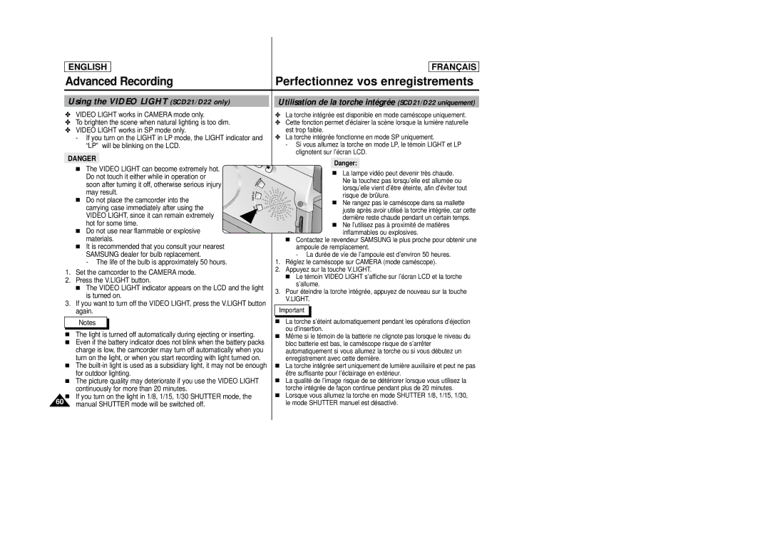 Samsung AD68-00658B manual Using the Video Light SCD21/D22 only, Utilisation de la torche intégrée SCD21/D22 uniquement 