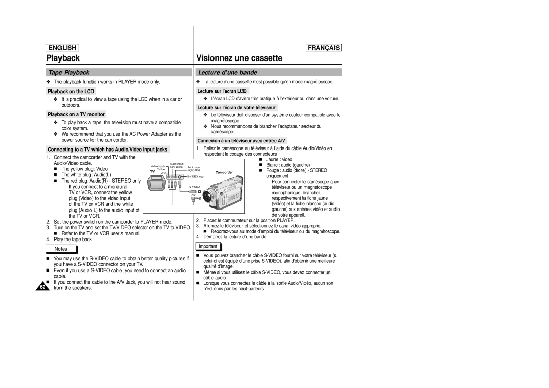 Samsung AD68-00658B manual Tape Playback Lecture d’une bande, Playback on the LCD, Playback on a TV monitor 