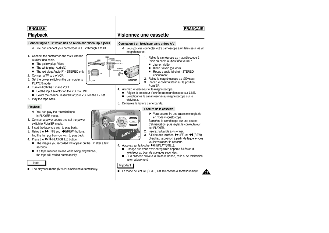 Samsung AD68-00658B manual Playback, Visionnez une cassette 