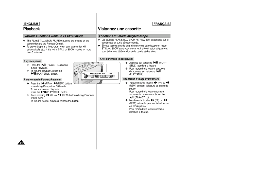 Samsung AD68-00658B manual Playback Visionnez une cassette, Various Functions while in Player mode 