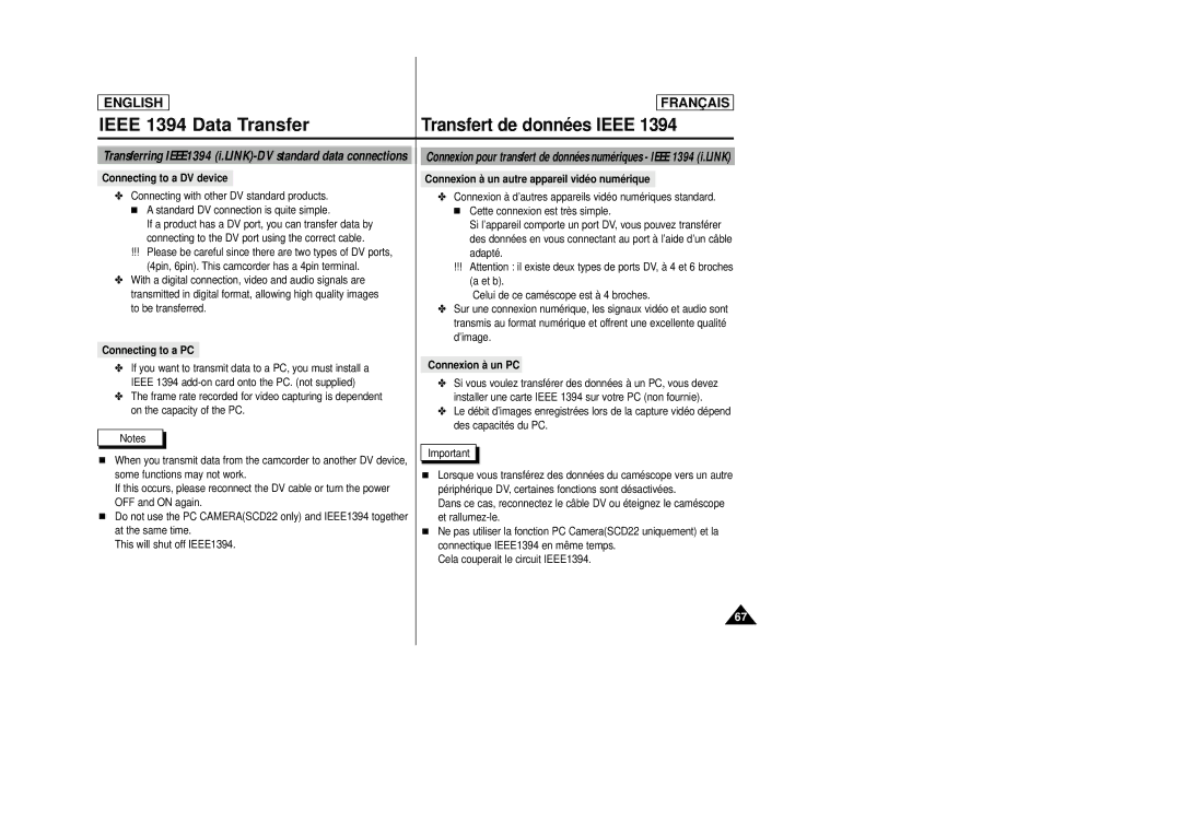 Samsung AD68-00658B manual Transfert de données Ieee, Connecting to a DV device, Connecting to a PC, Connexion à un PC 