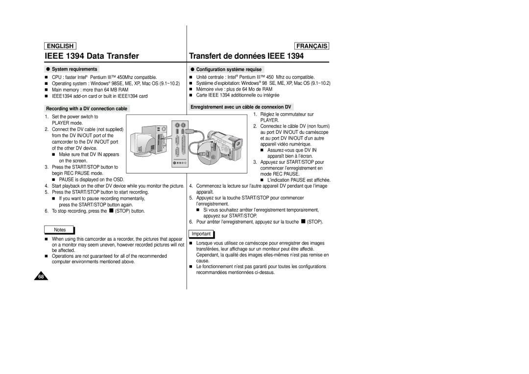 Samsung AD68-00658B manual System requirements, Configuration système requise, Recording with a DV connection cable 