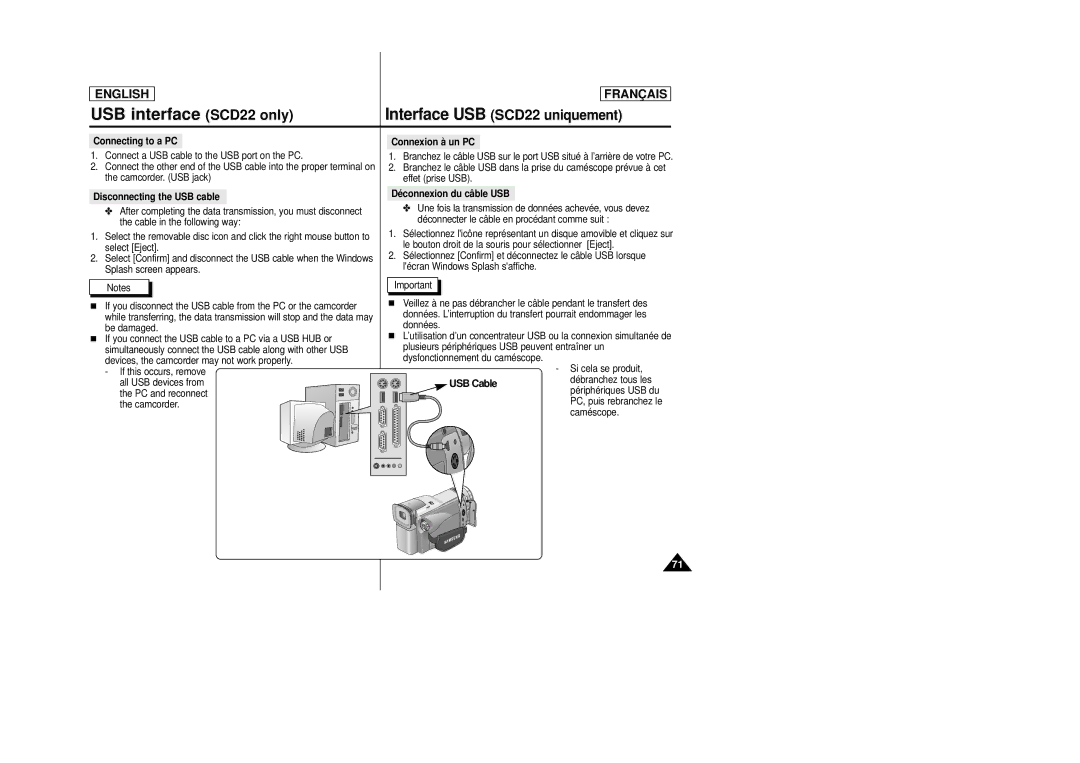 Samsung AD68-00658B manual Disconnecting the USB cable Déconnexion du câble USB 