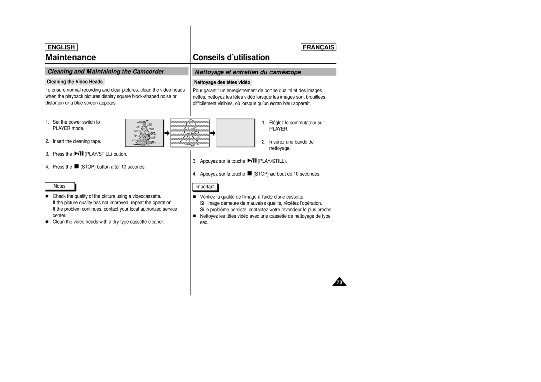 Samsung AD68-00658B Conseils d’utilisation, Cleaning and Maintaining the Camcorder, Nettoyage et entretien du caméscope 