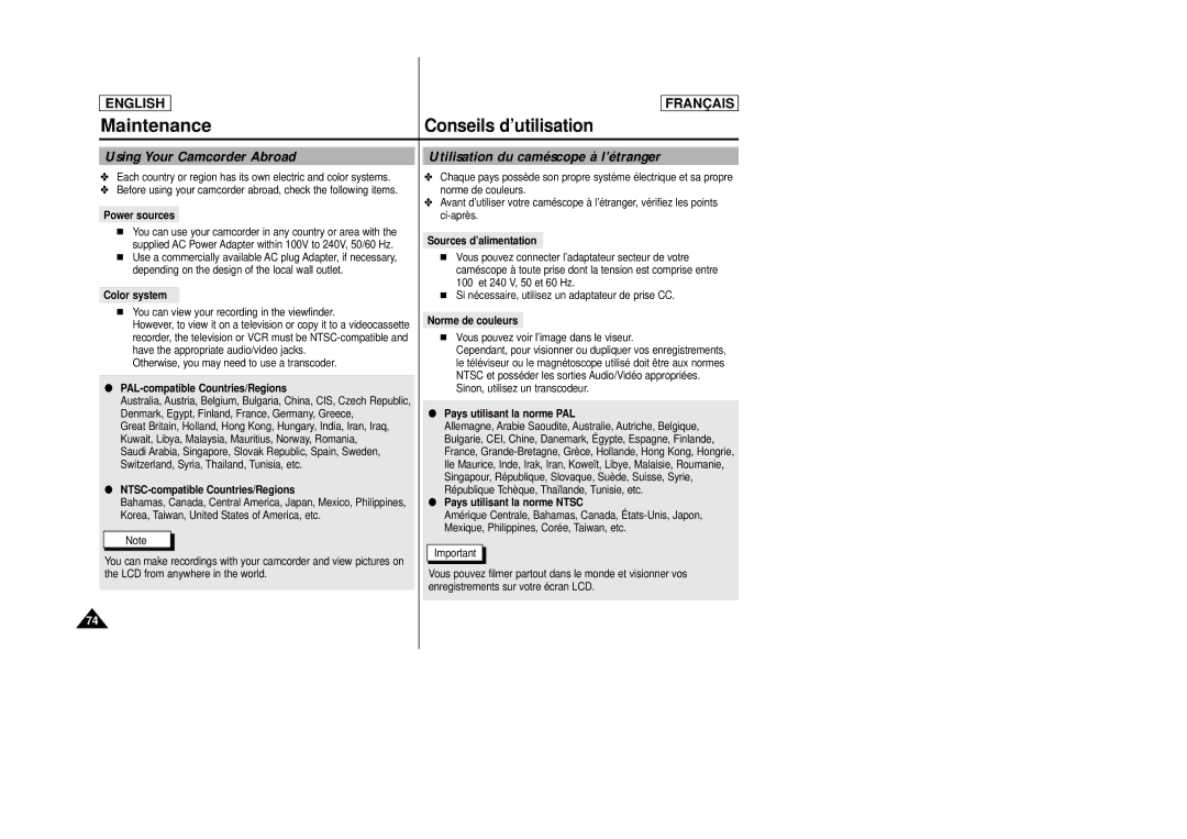 Samsung AD68-00658B manual Using Your Camcorder Abroad, Utilisation du caméscope à l’étranger 