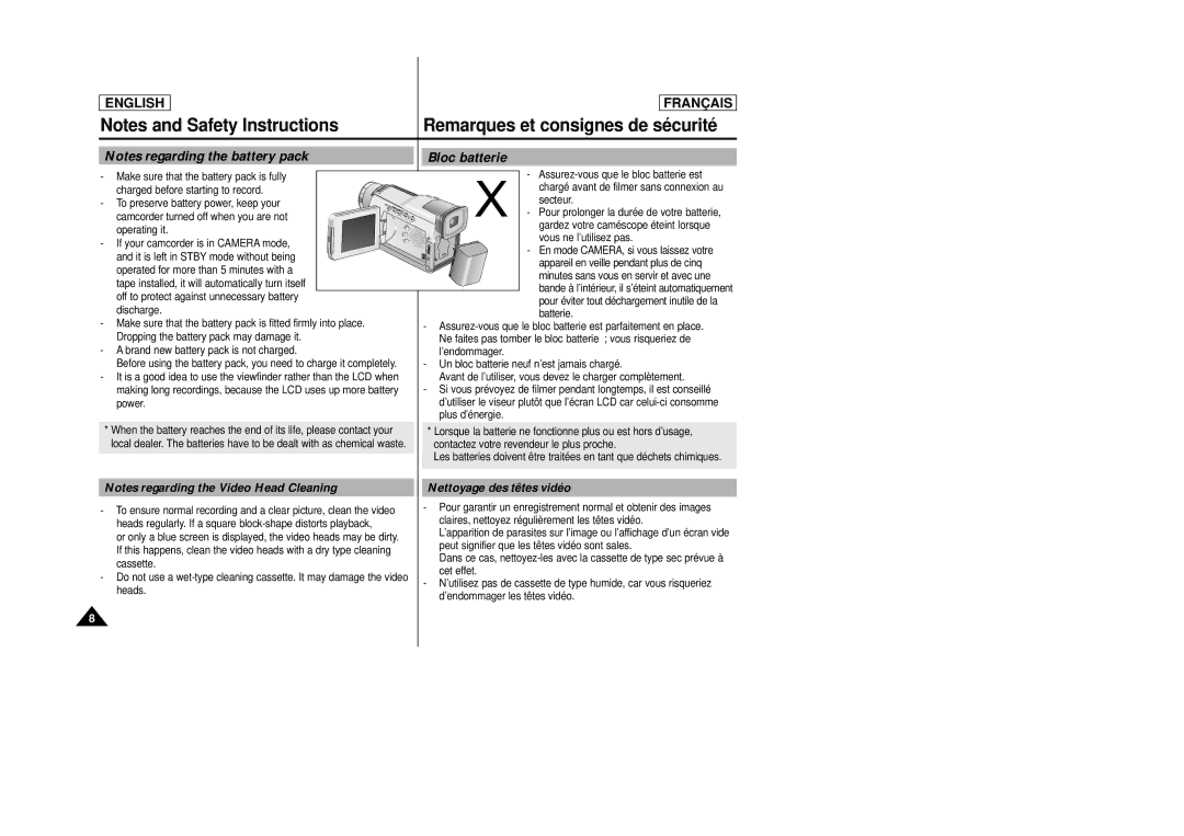 Samsung AD68-00658B manual Remarques et consignes de sé curité, Bloc batterie, Nettoyage des têtes vidéo 