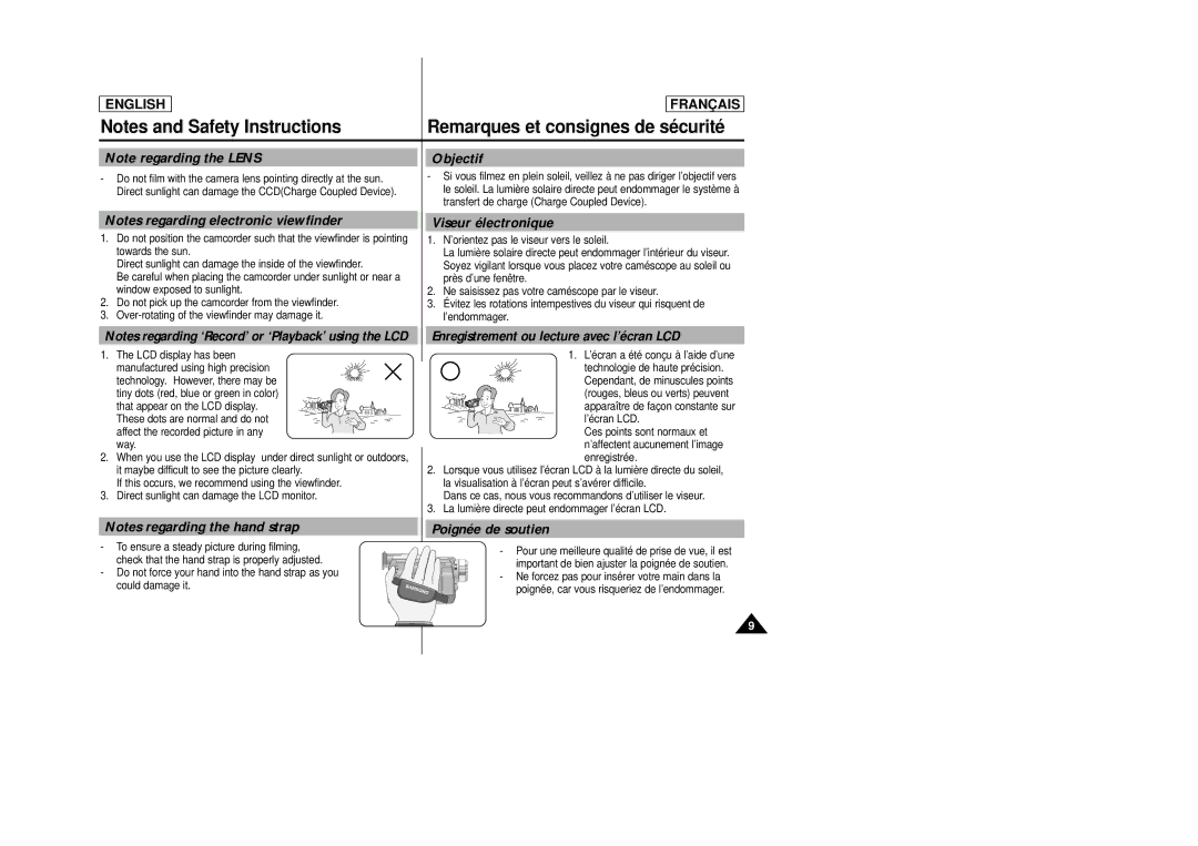 Samsung AD68-00658B manual Remarques et consignes de sé curité, Objectif, Viseur électronique, Poignée de soutien 