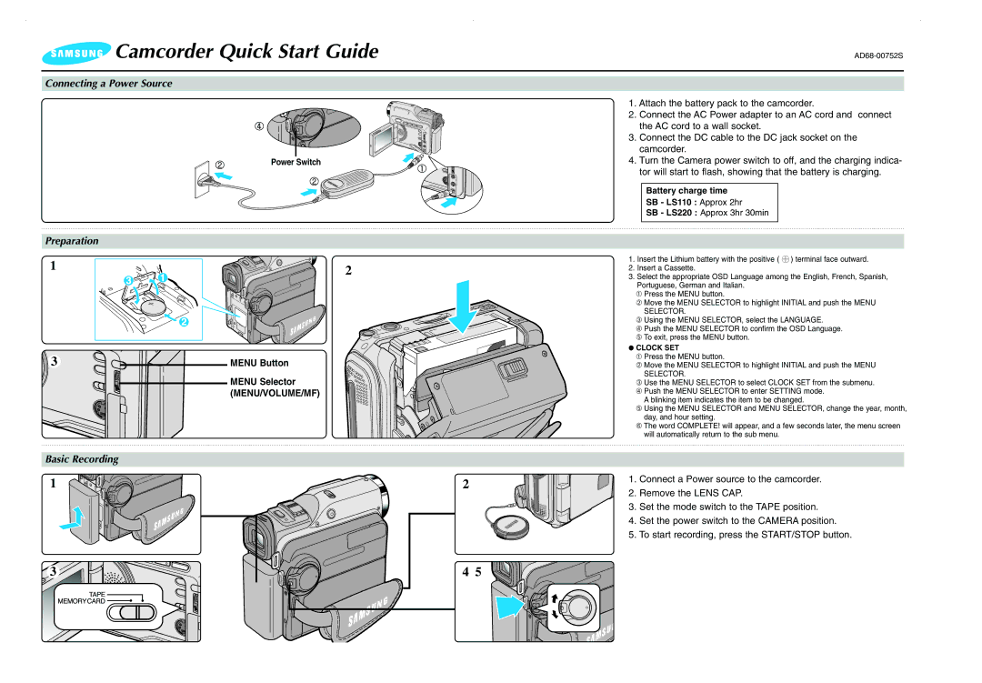 Samsung AD68-00752S quick start Camcorder Quick Start Guide, Connecting a Power Source, Basic Recording 