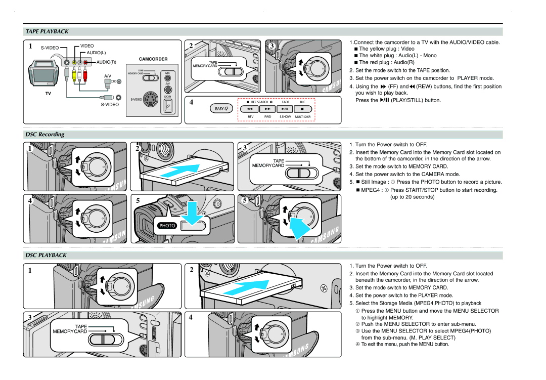 Samsung AD68-00752S quick start Tape Playback, DSC Playback, Camcorder 