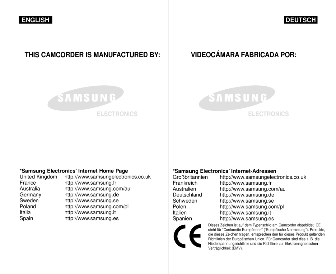 Samsung AD68-00839H manual This Camcorder is Manufactured by 