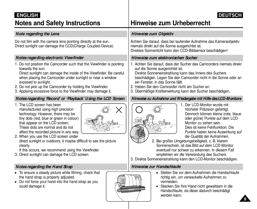 Samsung AD68-00839H manual Hinweise zum Objektiv, Hinweise zum elektronischen Sucher, Hinweise zur Handschlaufe 