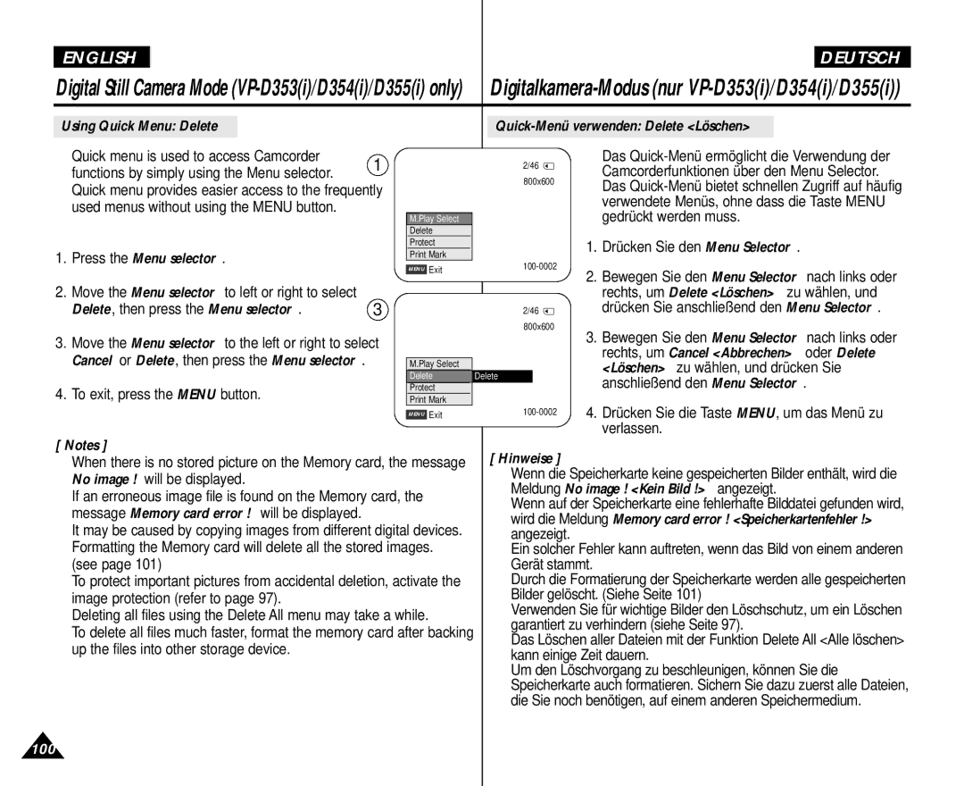 Samsung AD68-00839H manual Using Quick Menu Delete Quick-Menü verwenden Delete Löschen 