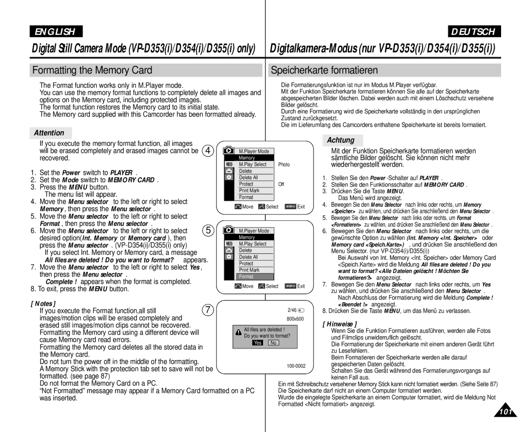 Samsung AD68-00839H manual Formatting the Memory Card, Speicherkarte formatieren, Achtung 